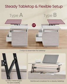 Dohányzóasztal, felemelhető asztallapos dohányzóasztal 2 fiókkal és rejtett rekesszel, bézs