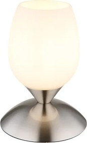 Globo 24007N Asztali lámpa fém nikkel matt, fehér színű üveg búra, fekete PVC kábel, érintő kapcsoló, ø: 125mm, M: 180mm, kábel hossza 1500mm, 1x E14 25W 230V izzó nélkül