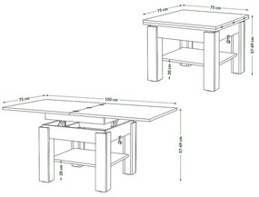 Átalakítható CALEB dohányzó/étkezőasztal emelhető lappal, tölgy craft/fekete