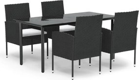 vidaXL 5 részes fekete polyrattan kerti étkezőgarnitúra párnákkal