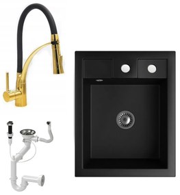 Gránit Mosogató NERO Parma + kihúzható zuhanyfejes Duo-Flex Gold csaptelep + dugókiemelő + szifon (matt fekete)