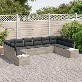 10 részes kerti kanapé szett párnákkal, világosszürke, poli rattan