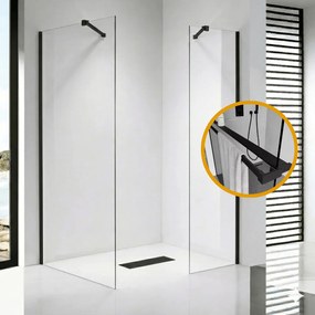 Stuxi Milano Easy Black Kombi Plus 1 Walk-in zuhanyfal, 80x80 cm, 8 mm vastag vízlepergető biztonsági üveggel, helytakarékos stabilizátorral, polccal