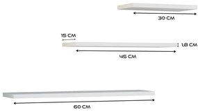 Drohmo Tobi 3P fali lebegőpolc (3db), 60/45/30x1,8x15 cm, fehér