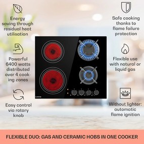 Klarstein MultiChef 4, kombinált gázfőzőlap, 4 zóna, gáz / üvegkerámia
