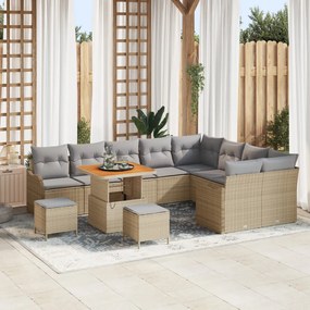 12 Darabos Kerti Kanapé Szett Párnákkal Bézs Poly Rattan Akácia