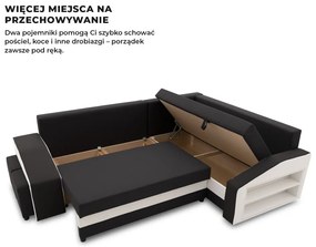 Grande sarokkanapé polcokkal és puffokkal , polc a jobb karfaban puffok a bal karfaban, jobboldali, szövet anyag, bonell töltet, fekete - fehér