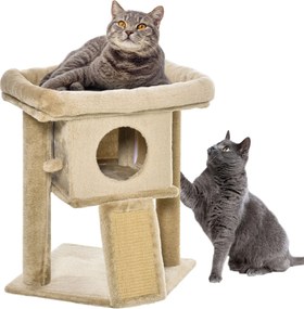 PawHut 57 cm Kisméretű Macska Fa Karomkoptató Valamint Macska Búvóhely, Pihenő Platform, Karomkoptató Deszka, Játék Labda, Macska Bútor 5 kg-ig, Kávé