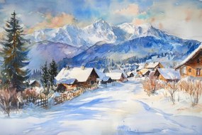 Vászonkép Canvas Tájkép Kilátás Hegyek Tátra Tél Hó Falu Házak 60x40