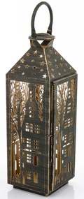 Óarany patinás fémkeretes mécsestartó lantern lámpás áttört fém házikó 58x16x16cm
