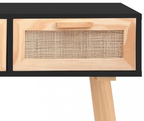 fekete tömör fenyő és természetes rattan kisasztal 105x30x75 cm