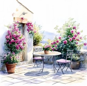 Vászonkép Canvas Tájkép Ház Terasz Kert Virágok Rózsák Hegyek 80x80