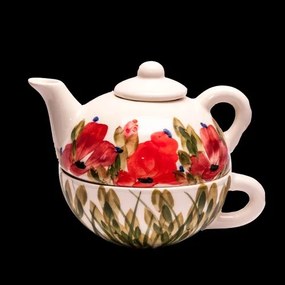 Tele virágos egyszemélyes teás,pipacs,kerámia,kézzel festett-0,25dl+0,25dl