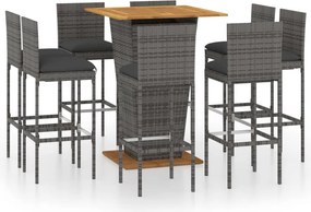 vidaXL 9 részes szürke polyrattan kerti bárszett párnákkal