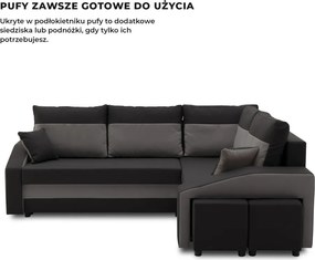 Grande sarokkanapé polcokkal és puffokkal , polc a bal karfaban puffok a jobb karfaban, jobboldali, szövet anyag, hab töltet, fekete - szürke