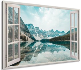 Gario Vászonkép Nyitott ablak Türkizkék tó Méret: 90 x 60 cm