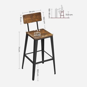 2 db-os bárszék készlet háttámlával és lábtartóval, 74 cm ülésmagasság, 136 kg teherbírás, vintage barna és fekete