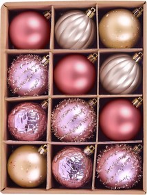 Karácsonyfadísz szett, 12 darabos, 5 féle felülettel, piros, rózsaszín, arany, 6 cm