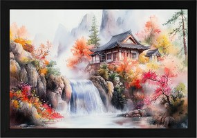 Poszter Keret Fa Tájkép Kelet Ázsia Japán Hegyek Vízesés Ház 60x40