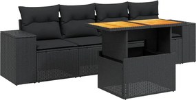 vidaXL 5 részes fekete polyrattan kerti kanapészett párnákkal