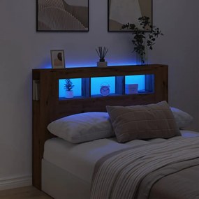kézműves tölgyszínű szerelt fa LED-es fejtámla 140x18,5x103,5cm