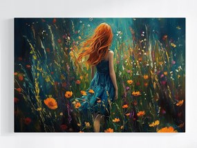Vászonkép Canvas Vörös Nő Lány Rét Virágok Séta 60x40