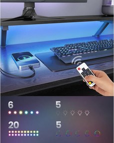 L alakú sarokíróasztal LED világítással, 4 konnektorral, 2 USB-porttal és monitorállvánnyal, 150 x 120 x 76 cm, fekete