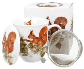 Porcelán mókusos bögre tetővel fém szűrővel 400 ml dobozban Squirrel