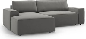 Világosszürke bársony kinyitható-tárolóhelyes sarokkanapé (bal oldali-heverő résszel) Jodie – Micadoni