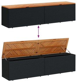 fekete polyrattan és akácfa kerti tárolóláda 220 x 50 x 54 cm
