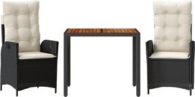 vidaXL 3 részes fekete polyrattan kerti étkezőgarnitúra párnákkal