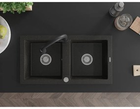 Mexen Mario, 2-kamrás gránit mosogató 820x436x161 mm és Elia mosogató csaptelep, fekete-arany metál, 6504-75-670101-70