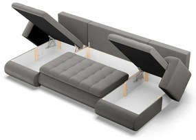 Tokio U alakú sarokkanapé, 3 ágyneműtartóval, bársony, univerzális oldal, világosszürke