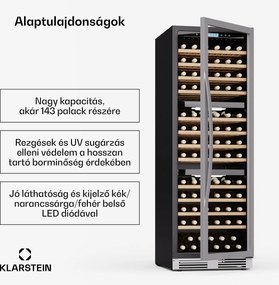 Klarstein Vinovilla Trio borhűtő, 143 palack, 3 zóna, 38 dB, 12 polc, kompresszor, 413 liter