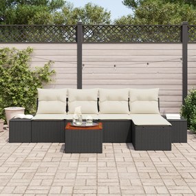 6 Részes Kerti Sofa Szett Párnákkal Fekete Poli Rattan Akácia