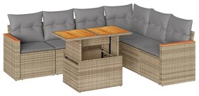 7 részes bézs polyrattan akácfa kerti ülőgarnitúra párnákkal