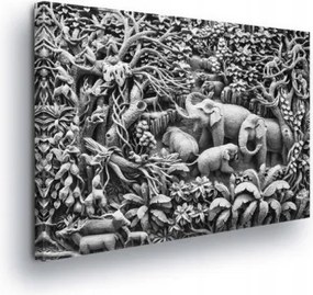 Vászonkép 100x75 Dzsungel dombormű fa szobor elefántok trópusok textúra