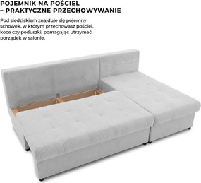 Venezia sarokkanapé, 3 ágyneműtartóval, kordbársony, univerzális oldal, hab töltet, szürke