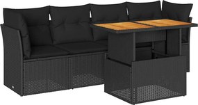 vidaXL 5 részes fekete polyrattan kerti kanapészett párnákkal
