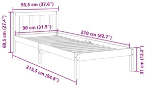 tömör fenyőfa extra hosszú ágykeret matrac nélkül 90 x 210 cm