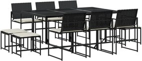 vidaXL 11 részes fekete polyrattan kerti étkezőgarnitúra párnákkal