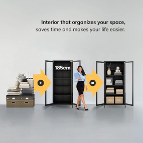 ANGELO üveges vitrin nappaliba – fekete fém, 800 x 1850 x 450 mm