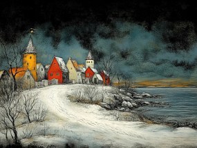 Vászonkép Canvas Grafika Tájkép Tengerpart Város Este 80x60