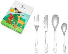 Ezüstszínű rozsdamentes acél gyerek evőeszköz készlet 4 db-os Forest Animals – Zilverstad