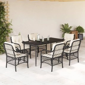 7 részes fekete polyrattan kerti étkezőgarnitúra párnával