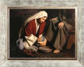 Jézus, Aki Megmossa A Lábát Vallásos Vászonkép Fehér Keretben 30X40