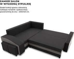 Grande sarokkanapé polcokkal és puffokkal , polc a jobb karfaban puffok a bal karfaban, baloldali, szövet anyag, bonell töltet, fekete - szürke