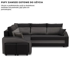 Grande sarokkanapé polcokkal és puffokkal , polc a jobb karfaban puffok a bal karfaban, baloldali, szövet anyag, bonell töltet, fekete - szürke