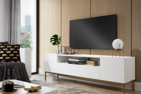 Nicole TV-szekrény 200 cm nyitott polccal és fiókokkal - matt fehér / arany lábak
