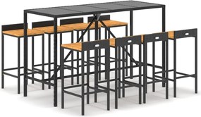 vidaXL 9 részes fekete polyrattan és tömör akácfa kerti bárszett